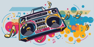 Music design - colorful boom box tape recorder and musical notes