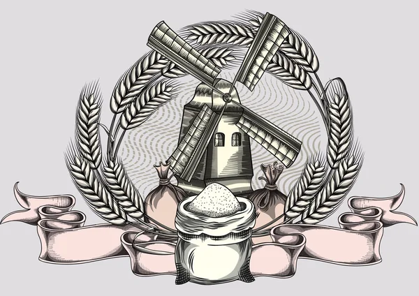 Trigo e moinho de vento emblema — Vetor de Stock