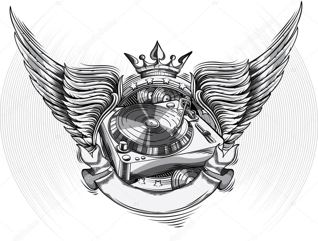 Disco music logo emblem design with turntable, wings and crown. vector illustration