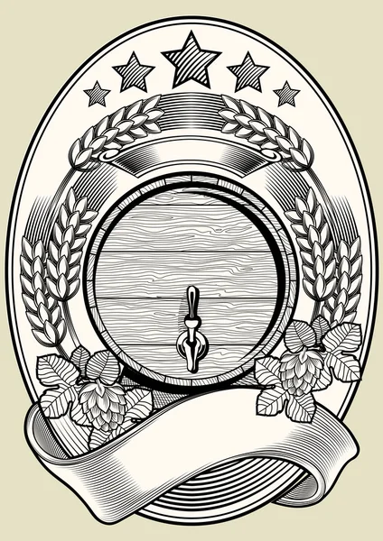 Emblema de cerveja com barril e torneira — Vetor de Stock