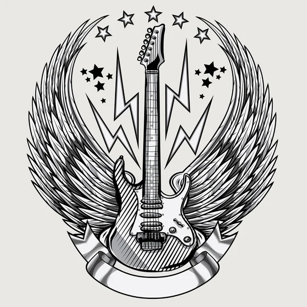 Rock gitaar met vleugels embleem — Stockvector
