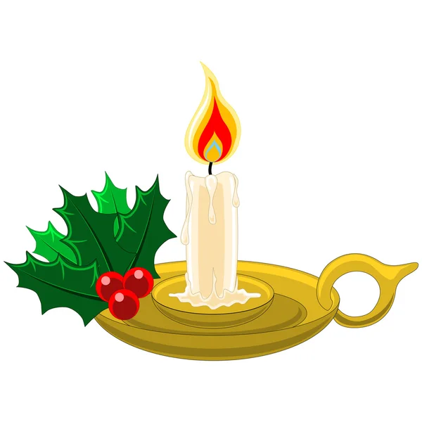 Candle with Mistletow and Holly in gold candleholder — Stock Vector