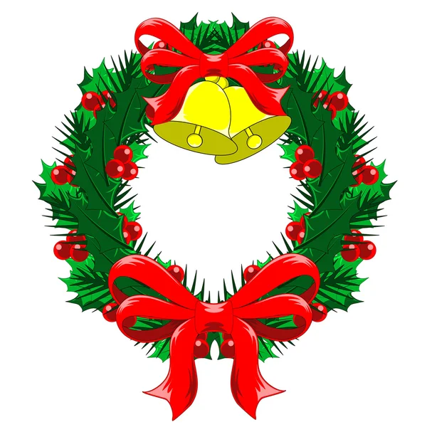 Corona de Navidad con arcos y campanas — Vector de stock