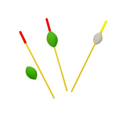 Balıkçılık izole bir beyaz zemin üzerinde üç float