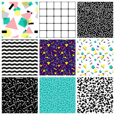 Abstract seamless geometric patterns. 80s-90s styles. clipart