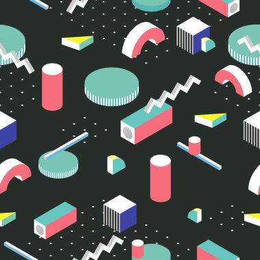 Postmodern 80s Dikişsiz desen stili. 3D izometrik arka plan.