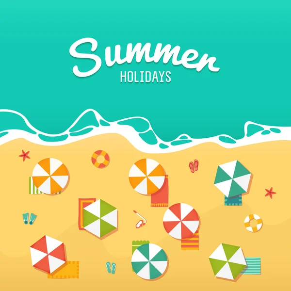 夏季假期插图与海滩遮阳伞、 波浪和配件. — 图库矢量图片
