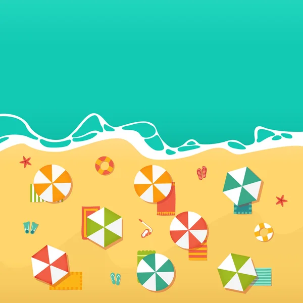 Летние каникулы иллюстрации с пляжными зонтиками, волнами и аксессуарами . — стоковый вектор