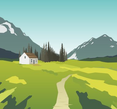 Dağ manzarası ile yalnız bir ev