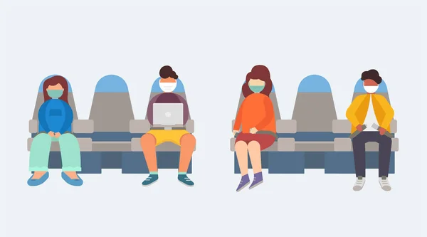 Le persone con le maschere mediche siedono sull'aereo. — Vettoriale Stock