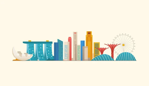 Singapurska panorama. Znane miejsca i zabytki. — Wektor stockowy