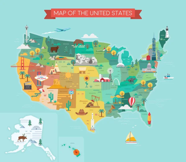 Mapa Turystyczna Usa Słynnymi Zabytkami Nazwami Stanów Ilustracja Wektora — Wektor stockowy