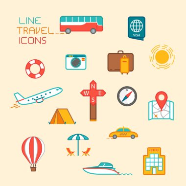 Seyahat ve Turizm simgeler. Düz tasarım ince çizgi stili illustrati