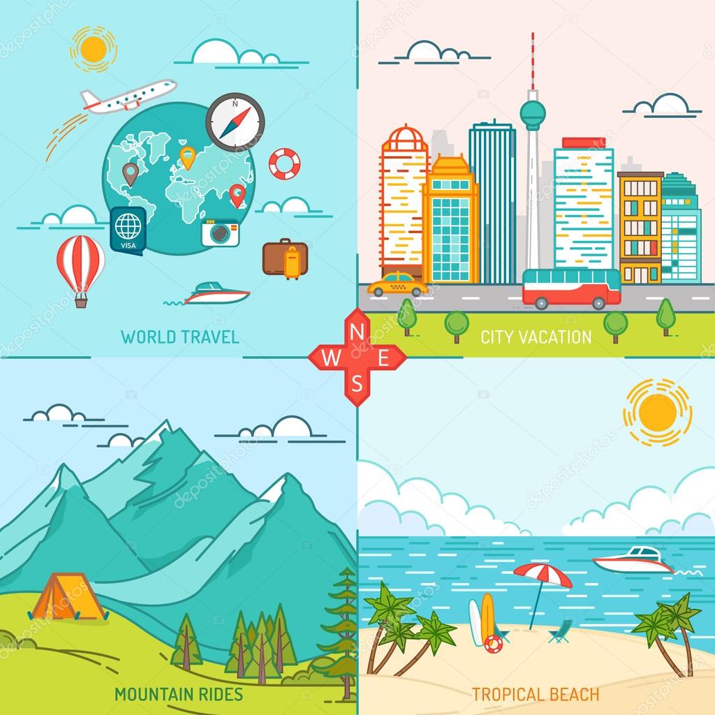 Mountain, City, Island, Travel and tourism icons. Flat design th