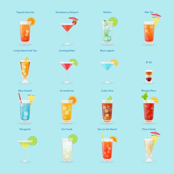 Ensemble de boissons alcoolisées et cocktails, cocktails populaires, isolat — Image vectorielle