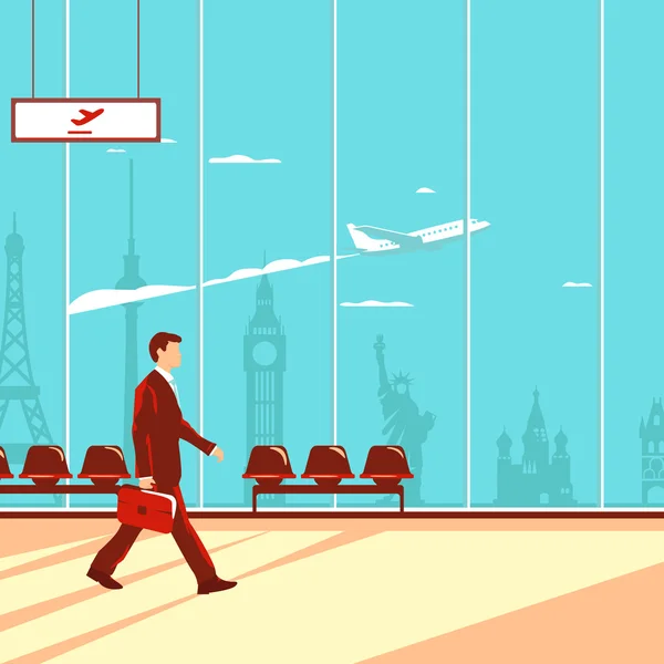 Man in airport, airplane in sky and famous buildings — Stockvector