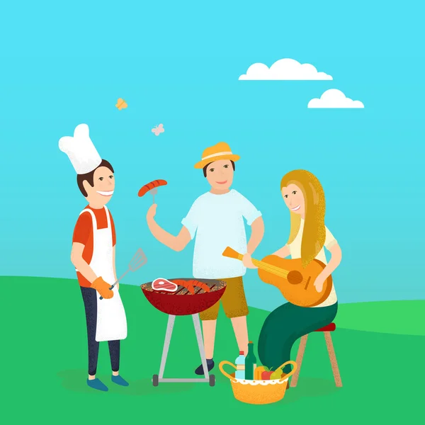 Amigos felices en la fiesta de picnic Bbq — Vector de stock