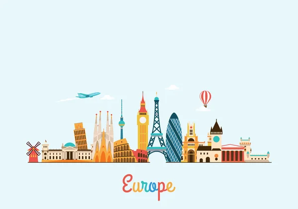 Európa skyline. Utazási és idegenforgalmi háttér. — Stock Vector