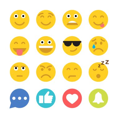 İfadeler ve sosyal ağ simgeler kümesi. Düz stil çizimler