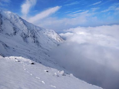 Himalaya dağlarının zirvesinden güzel bir manzara, mavi gökyüzü, beyaz kar ve alttaki bulutlar