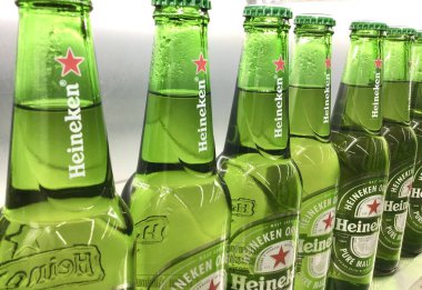 Closeup Heineken beer bottles beverage are placed on the reflecting shelf supermarket in Bangkok 3 October 2020