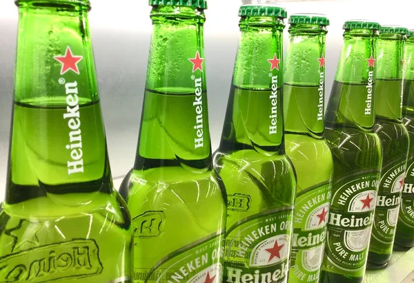 Closeup Heineken beer bottles beverage are placed on the reflecting shelf supermarket in Bangkok 3 October 2020