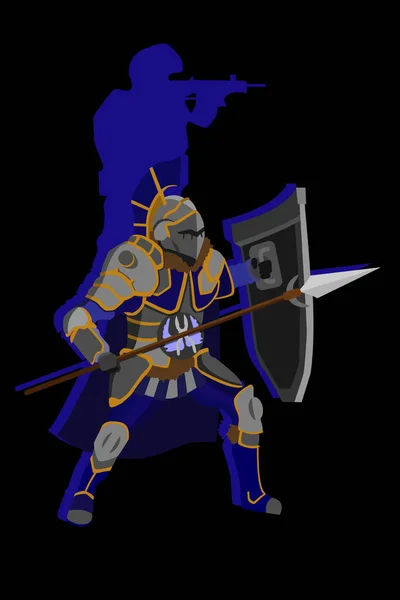强大的军团 有矛和盾 一个背着机关枪的人的幻影 — 图库矢量图片