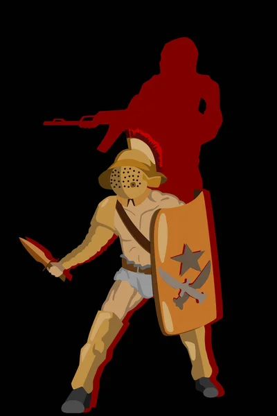 Fuerte Gladiador Con Espada Escudo Fantasma Hombre Con Una Ametralladora — Vector de stock