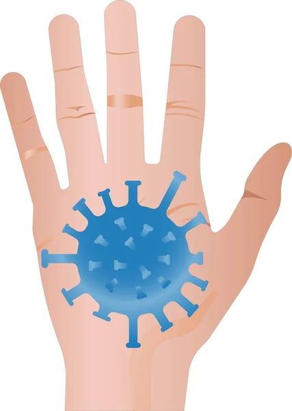 Coronavirus azul en una mano humana. Iconos sobre fondo blanco. — Vector de stock