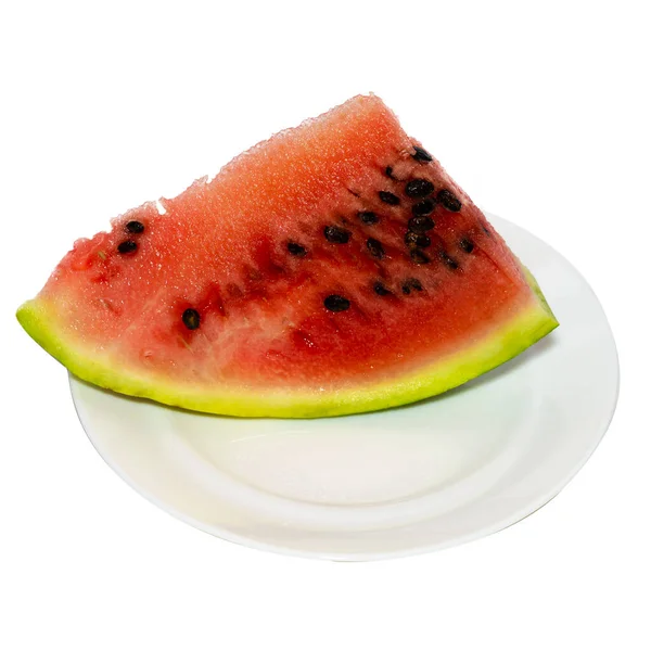 Trojúhelníkový kus červeného melounu na bílém talíři. — Stock fotografie