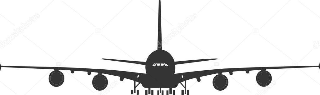 Silhouette of an A 380 passenger plane on a landing gear.