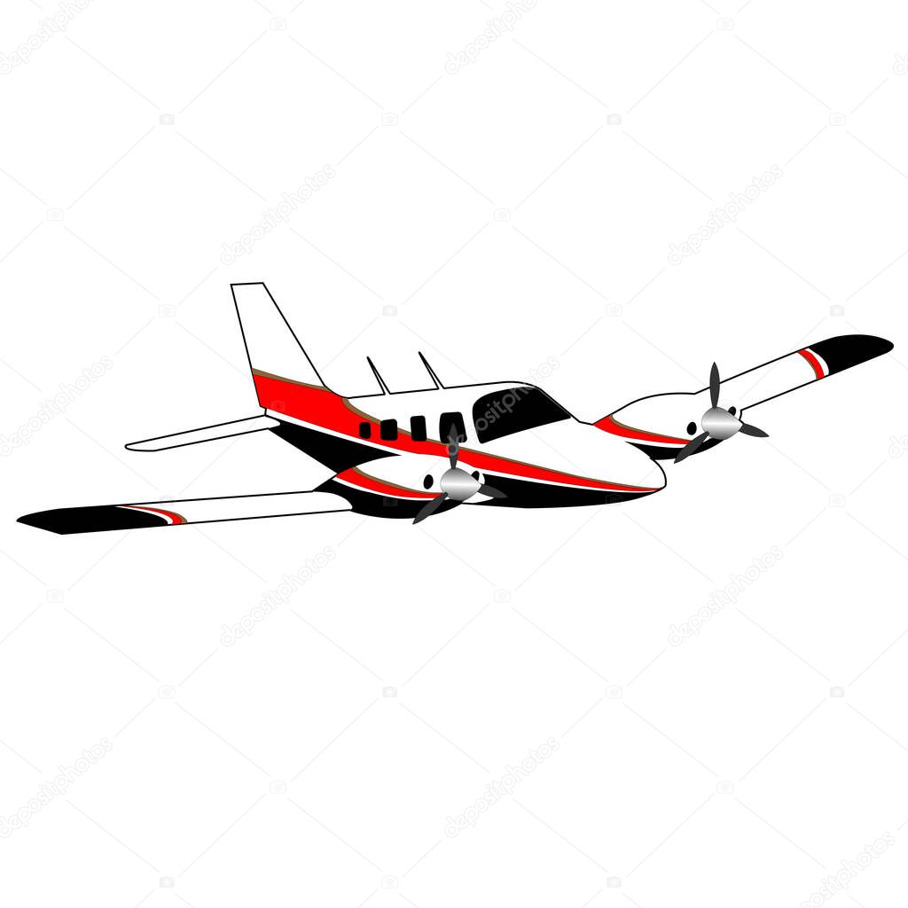 Twin engine small private jet. White plane with longitudinal red black and gold stripes.