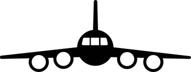 Beyaz arka planda dört motorlu siyah siluet yolcu uçağı..