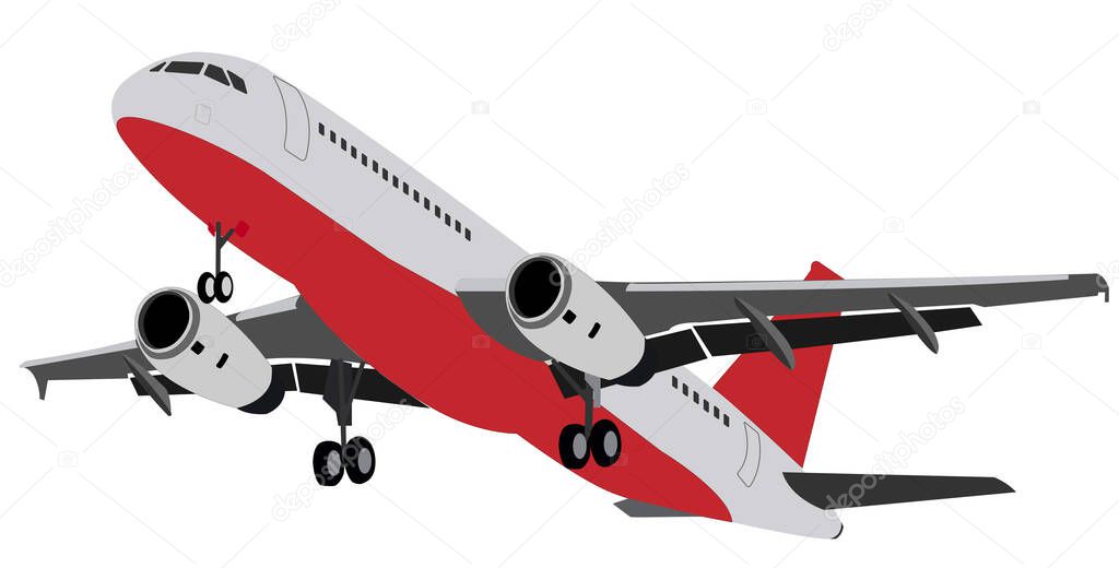 Twin-engine wide-bodied passenger aircraft. Gray plane with a red bottom and a landing gear.