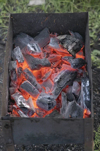 Składany grill do grillowania mięsa na szaszłykach. — Zdjęcie stockowe