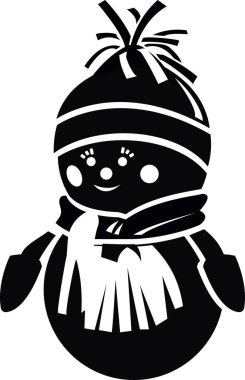 Eşarplı komik bir kardan adam. Ağaç dalında iki oyuncak çan. Vektör illüstrasyonu.