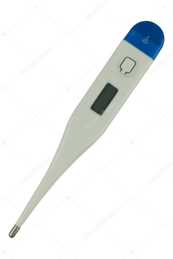 Electronic thermometer in a white plastic case.