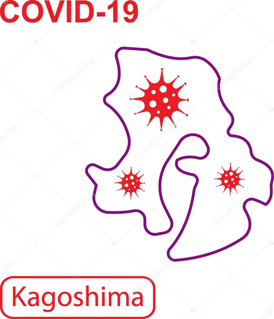 Map of Kagoshima labeled COVID-19. Purple outline map on a white background.