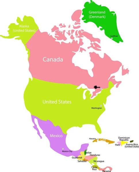 Mapa de los países de Norteamérica. Mapa geográfico. — Archivo Imágenes Vectoriales