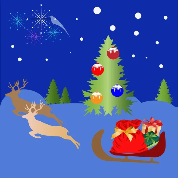 As renas em um trenó transportam presentes a crianças. a árvore de Natal é decorada com brinquedos brilhantes. —  Vetores de Stock