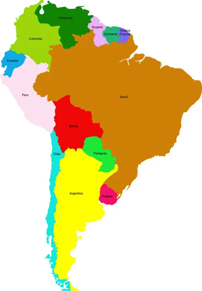 Mappa dei paesi del Sud America. Mappa geografica. — Vettoriale Stock