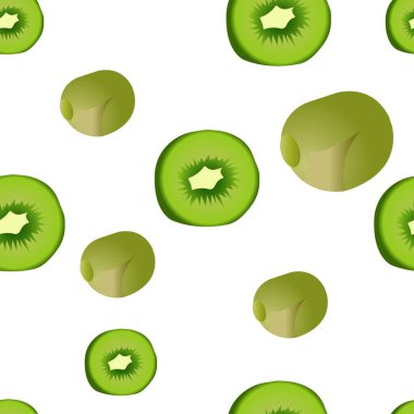 Bütünün kusursuz deseni ve dilimlenmiş kivi. Vektör illüstrasyonu beyaz arkaplanda izole edildi.