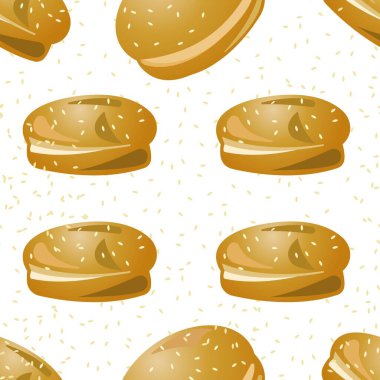 Ekmek arası hamburgerin kusursuz deseni. Sarı arkaplanda izole edilmiş vektör illüstrasyonu.