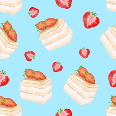 Toprak dutlu, kusursuz bir dilim kek. Mavi arkaplanda izole edilmiş vektör illüstrasyonu.