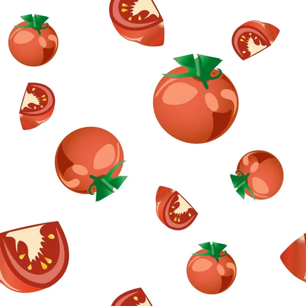 Seamless pattern of whole and sliced tomatoes. Vector illustration isolated on white background. — Stock Vector