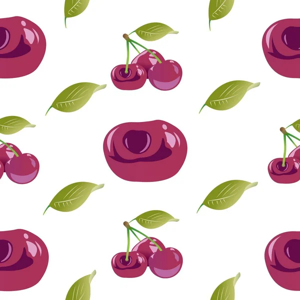 Fondo sin costuras de ramitas con cerezas y hojas verdes. Ilustración vectorial aislada sobre fondo blanco. — Vector de stock