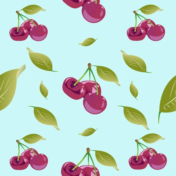 Fondo sin costuras de ramitas con cerezas y hojas verdes. Ilustración vectorial aislada sobre fondo azul. — Vector de stock