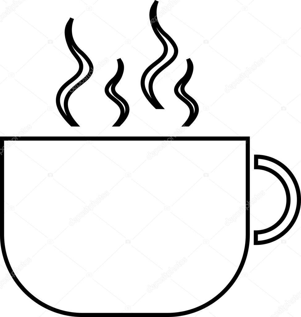 Hot coffee cup contour isolated on white background. Vector black and white illustration.