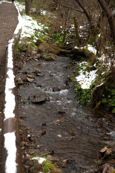 Um riacho perto do caminho no parque nacional de inverno. — Fotografia de Stock