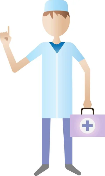 Un médico con una bata sostiene un botiquín de primeros auxilios y escucha atentamente. — Vector de stock